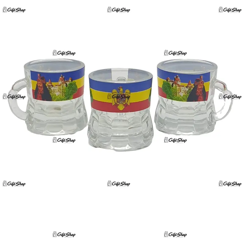 Castelul bran, vlad tepes, stema, set 6 pahare pentru lichior/snaps realizat din sticla